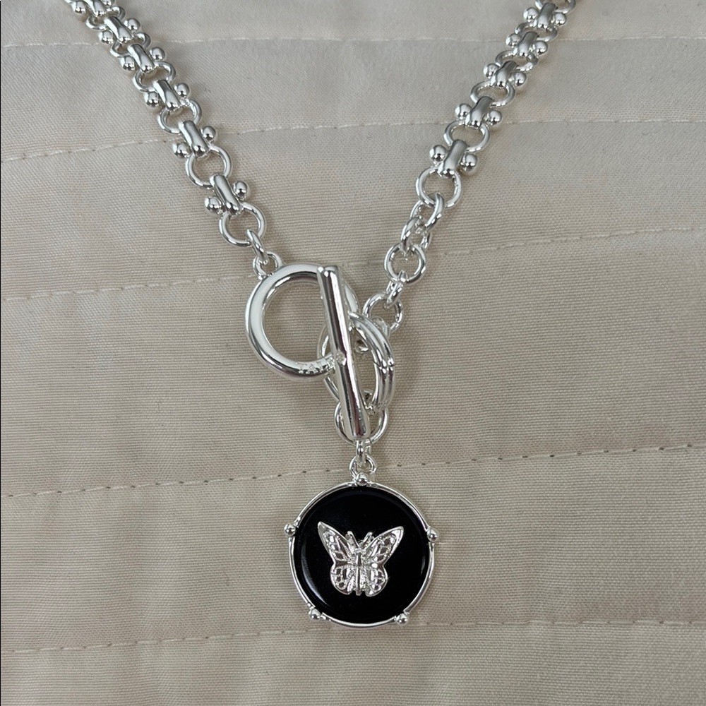 Talbots Silver Butterfly Pendant Toggle Necklace